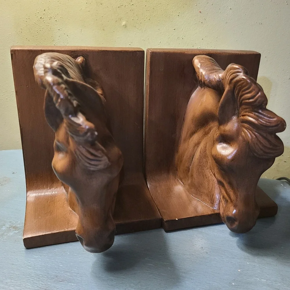Vintage Mid Century Horse Head Bookends Set‎ Brown Wood Grain Ceramic Antiqued